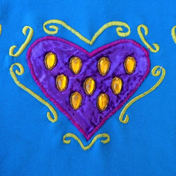 Vintage 80s Blue Sweatshirt 3D Velvet Purple Hearts Embroidered Zipper Back L - Picture 2 of 12